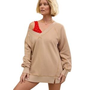Aerie Downtime Textured V-Neck Oversized Tan Sweatshirt Size Small